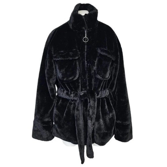 Forever 21 Fluffy Faux Fur Tie Waist Wide Sleeve Zip Up Jacket Black Size Small - Picture 1 of 7